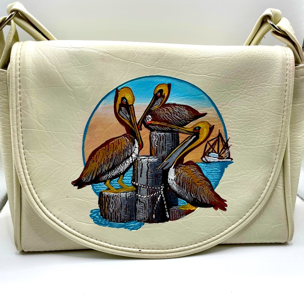 VTG Hilton Head Island Handbag Hand Painted Pelicans Birds Coastal Vinyl Purse